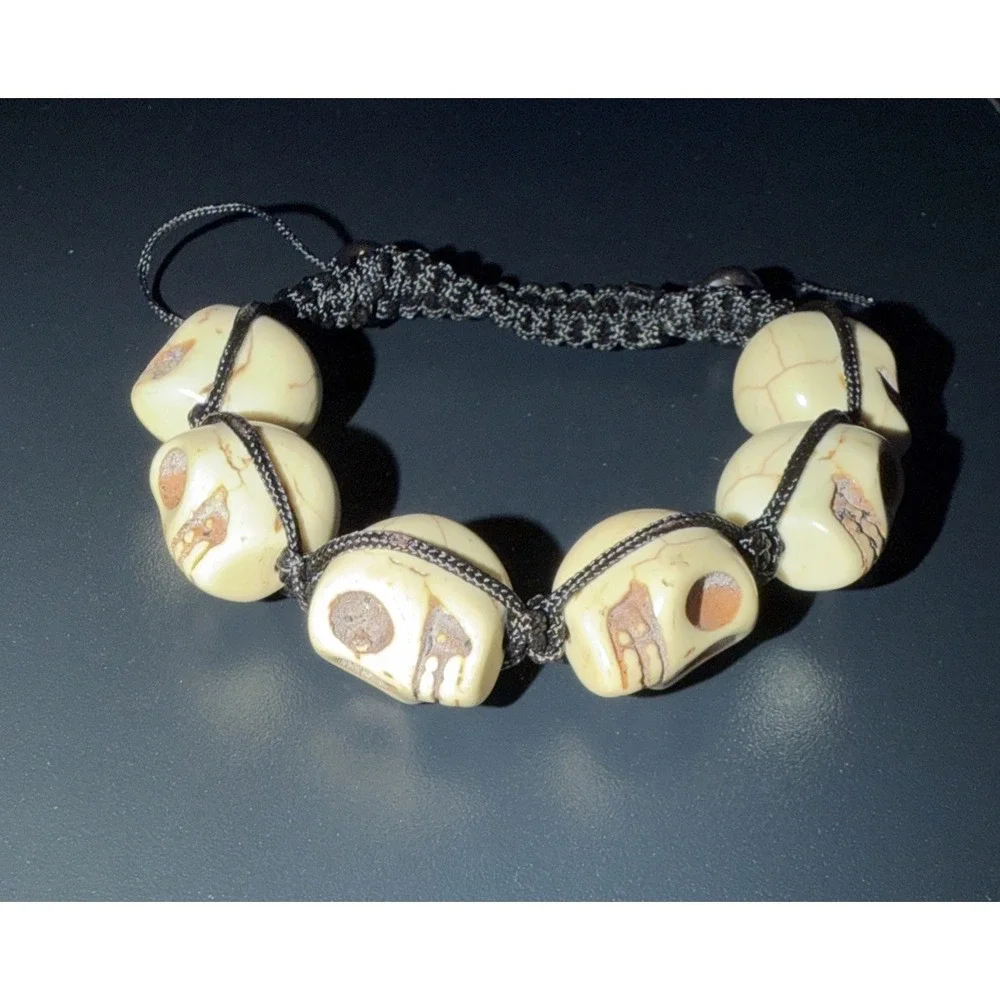 New Skull Bead Adjustable Bracelet White Skull Beads Black Braided Cord Gothic